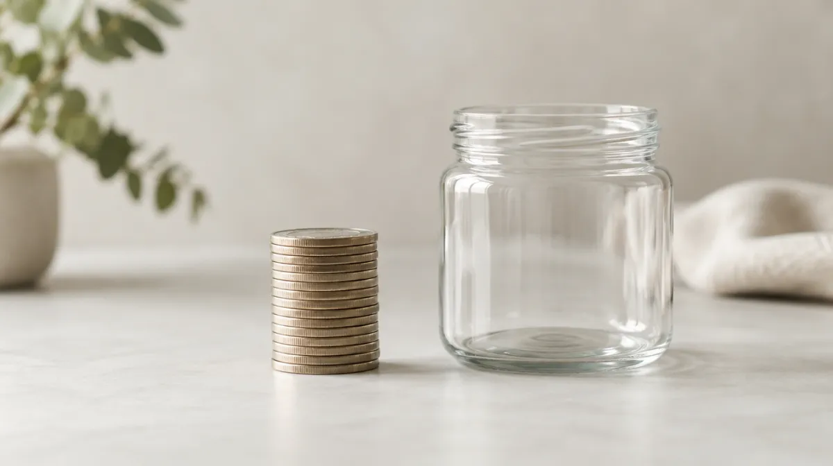 A neat stack of plain metal coins beside a glass jar on a pale table
